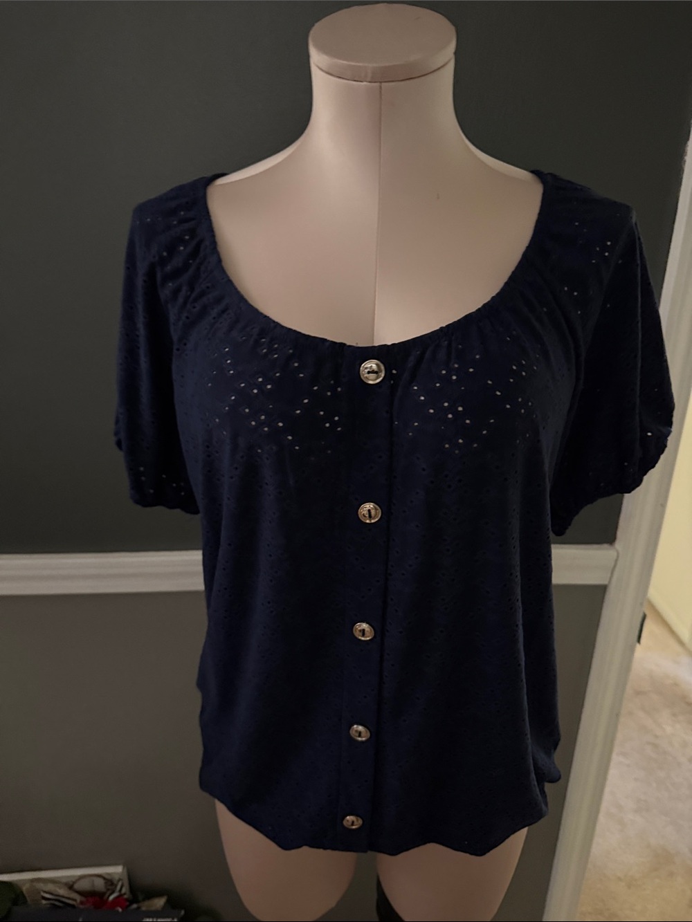 Lavish Navy Eyelet Button-Front Scoop Neck Top